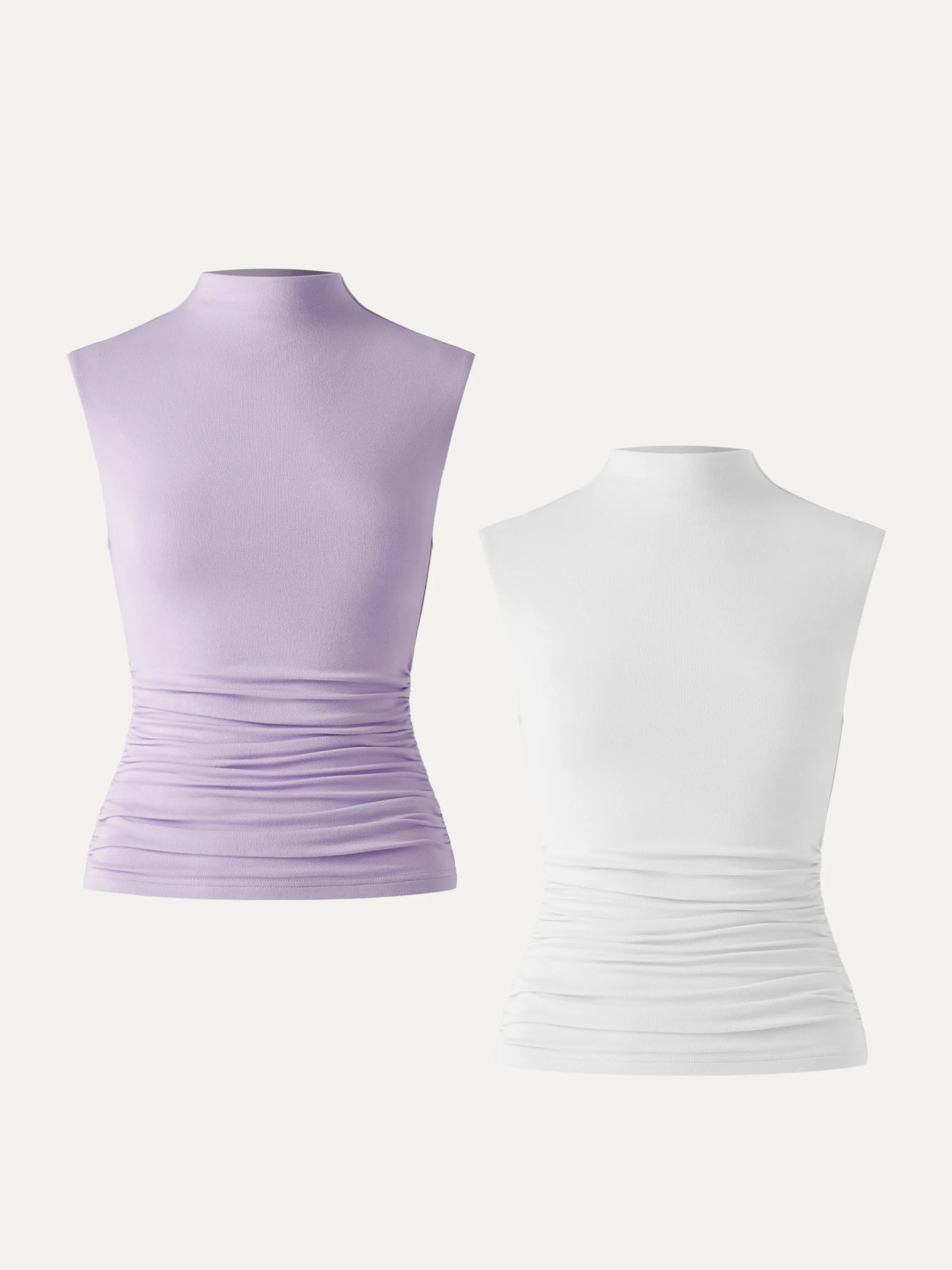2Pcs Set Mock Neck Ruched Sides Tank-Hip Length