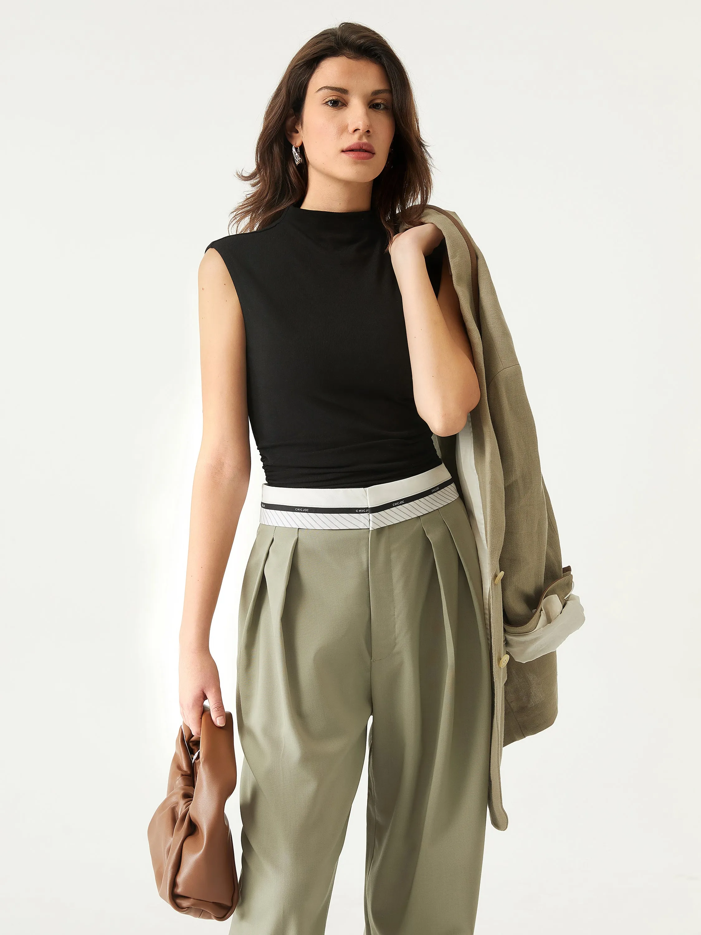 2Pcs Set Mock Neck Ruched Sides Tank-Hip Length
