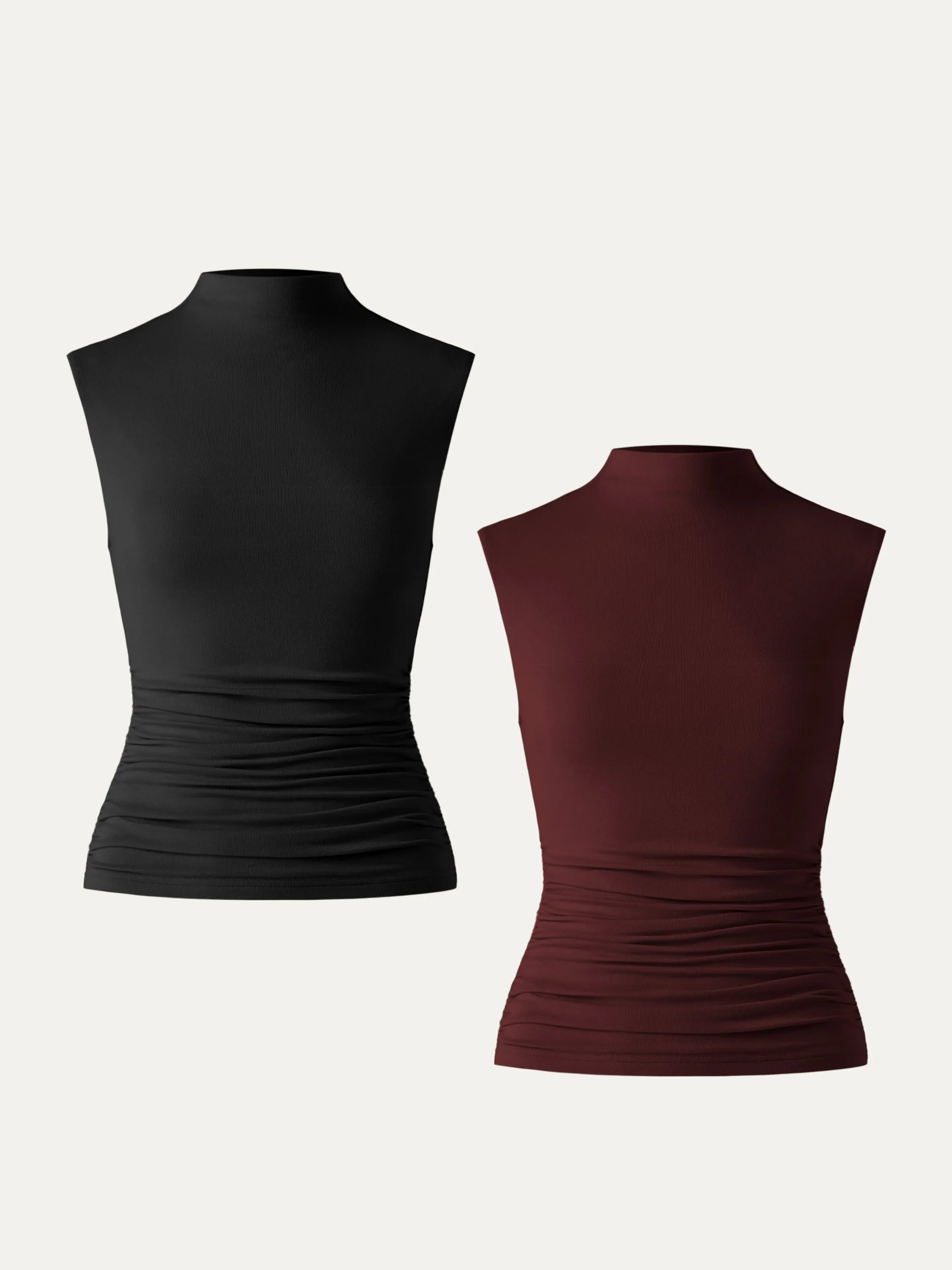 2Pcs Set Mock Neck Ruched Sides Tank-Hip Length