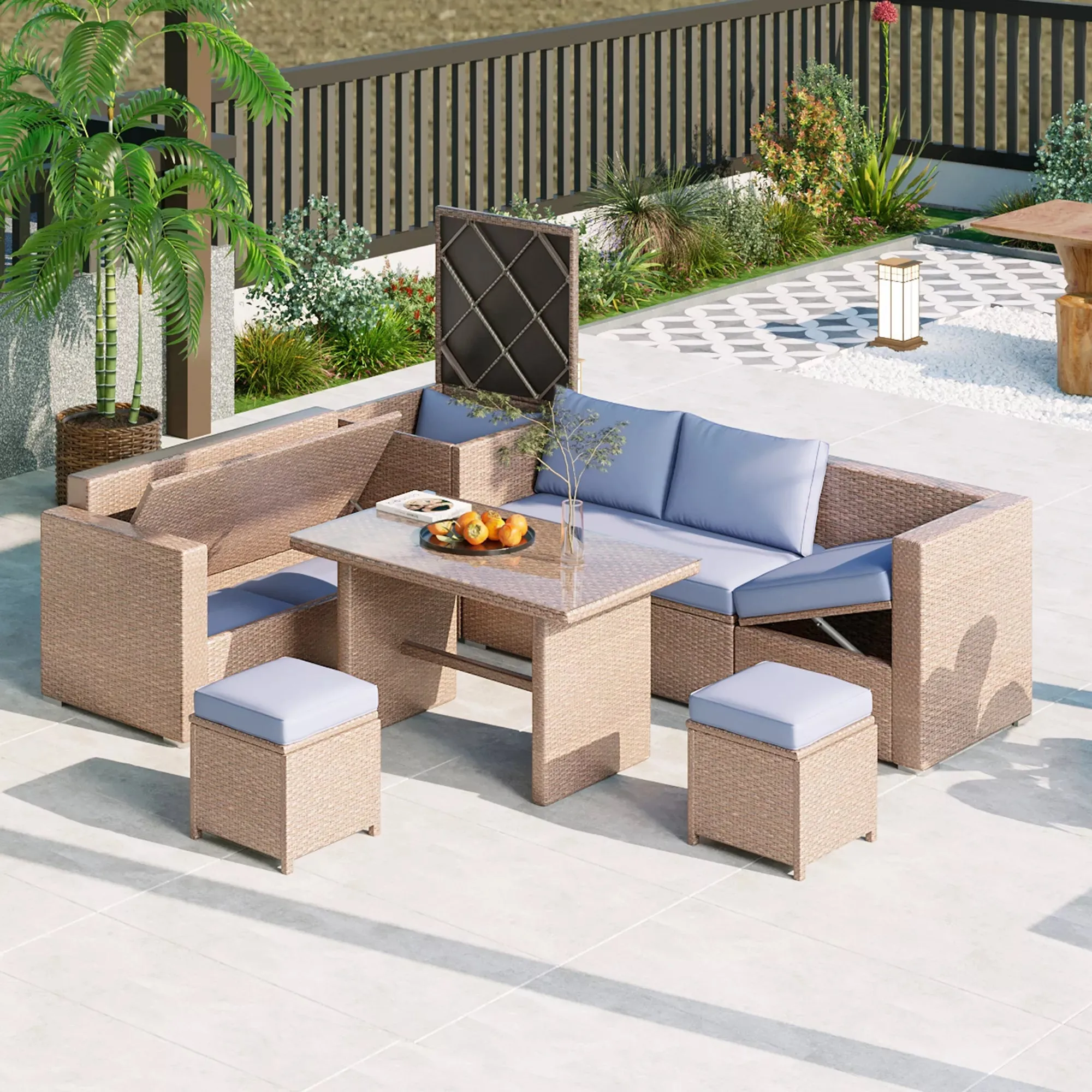 6-Piece Outdoor Sectional Furniture Set with Storage Box and Adjustable Seat, All Weather Rattan Sofa Set with Removable Covers and Tempered Glass Top Table for Garden Patio