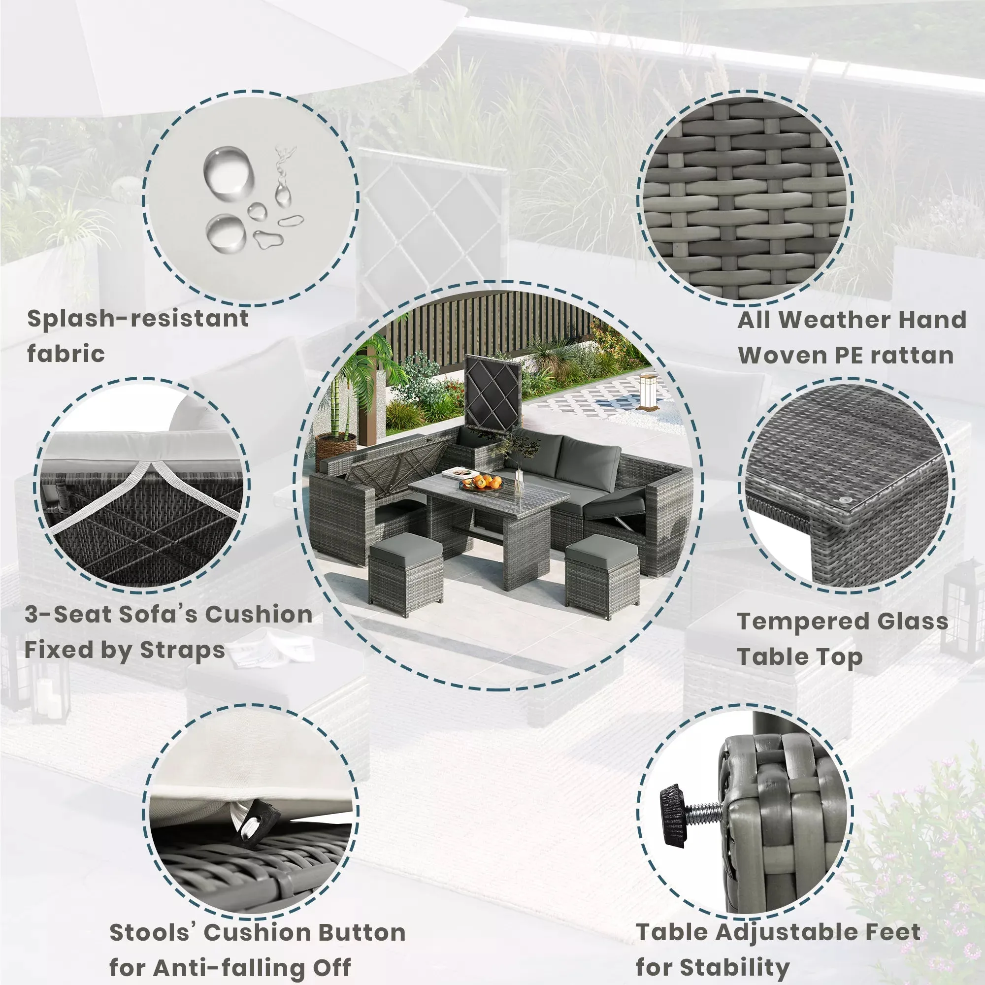 6-Piece Outdoor Sectional Furniture Set with Storage Box and Adjustable Seat, All Weather Rattan Sofa Set with Removable Covers and Tempered Glass Top Table for Garden Patio