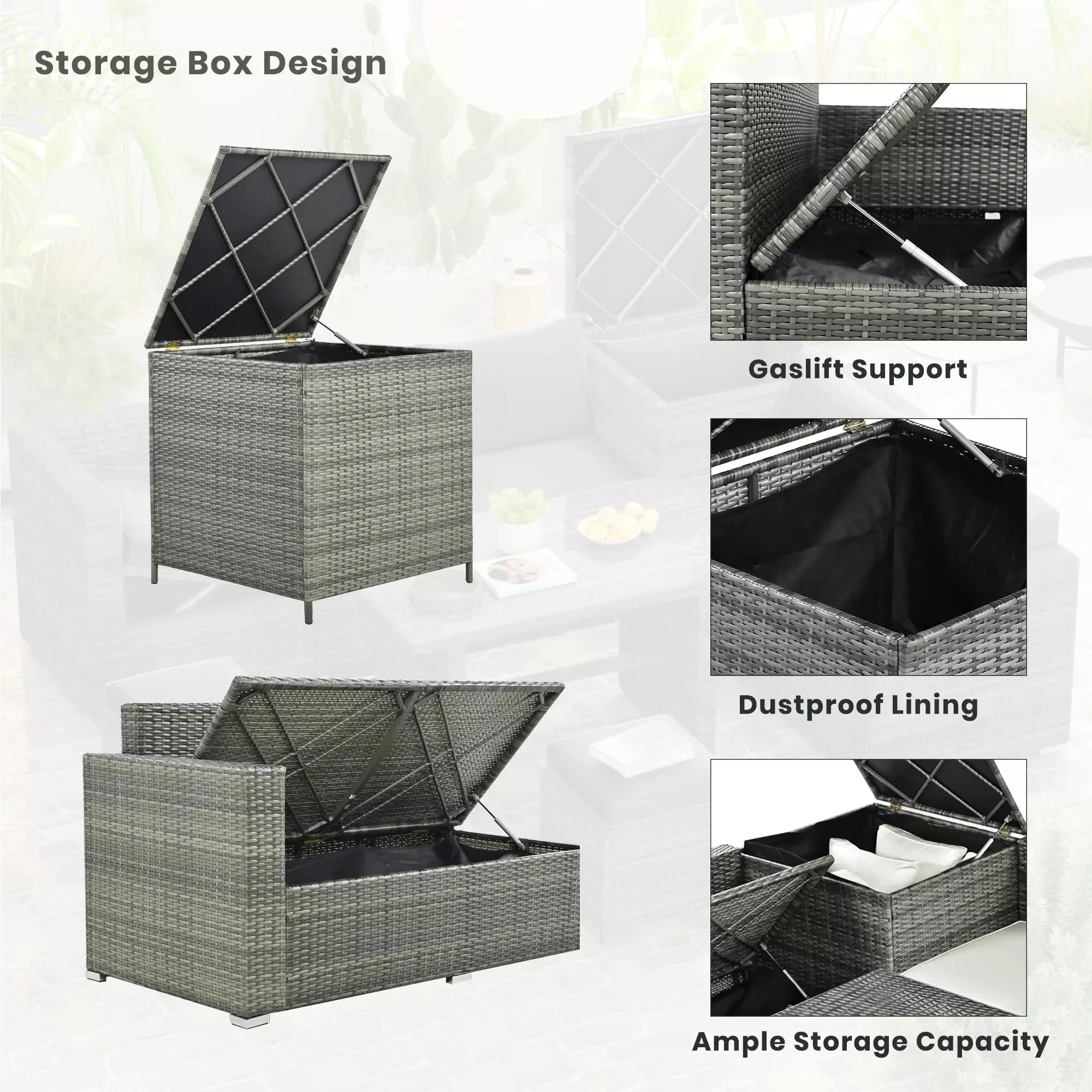 6-Piece Outdoor Sectional Furniture Set with Storage Box and Adjustable Seat, All Weather Rattan Sofa Set with Removable Covers and Tempered Glass Top Table for Garden Patio