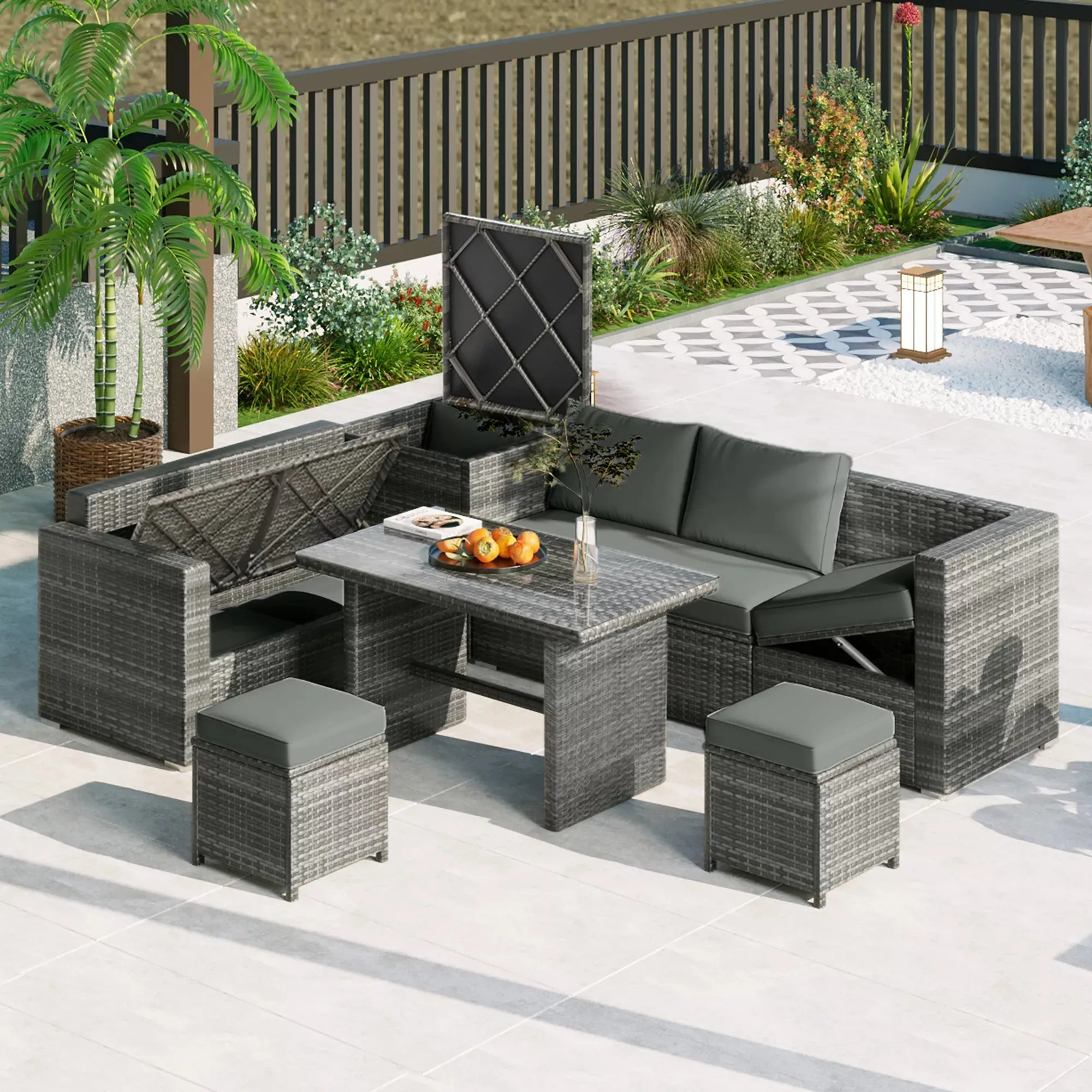 6-Piece Outdoor Sectional Furniture Set with Storage Box and Adjustable Seat, All Weather Rattan Sofa Set with Removable Covers and Tempered Glass Top Table for Garden Patio