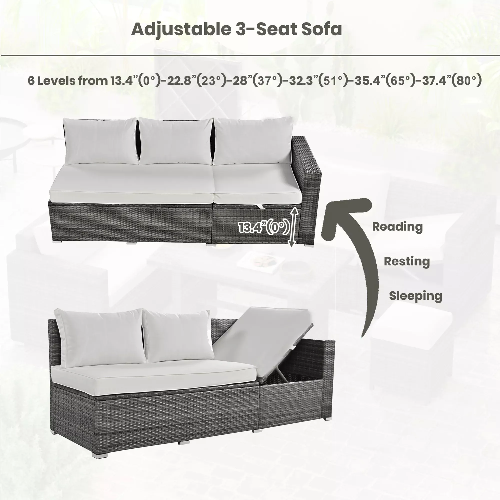 6-Piece Outdoor Sectional Furniture Set with Storage Box and Adjustable Seat, All Weather Rattan Sofa Set with Removable Covers and Tempered Glass Top Table for Garden Patio