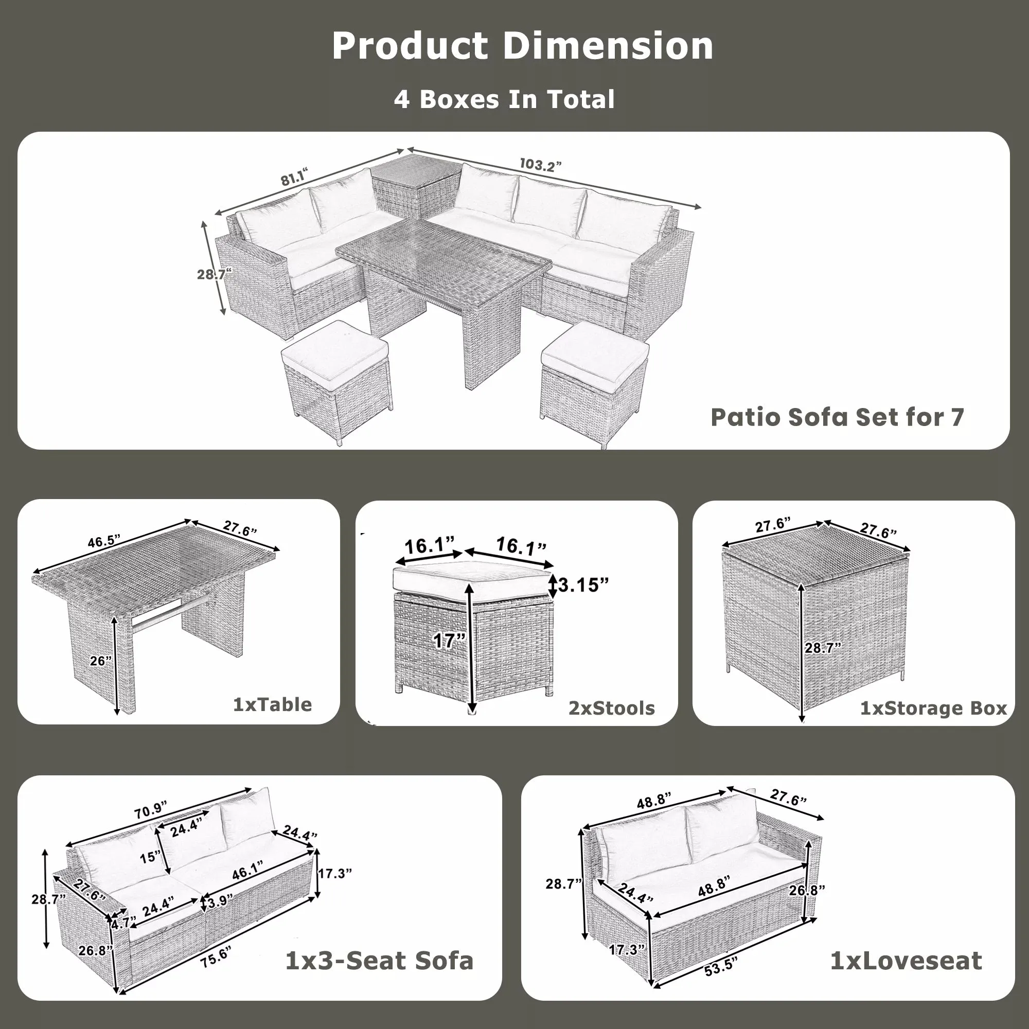 6-Piece Outdoor Sectional Furniture Set with Storage Box and Adjustable Seat, All Weather Rattan Sofa Set with Removable Covers and Tempered Glass Top Table for Garden Patio