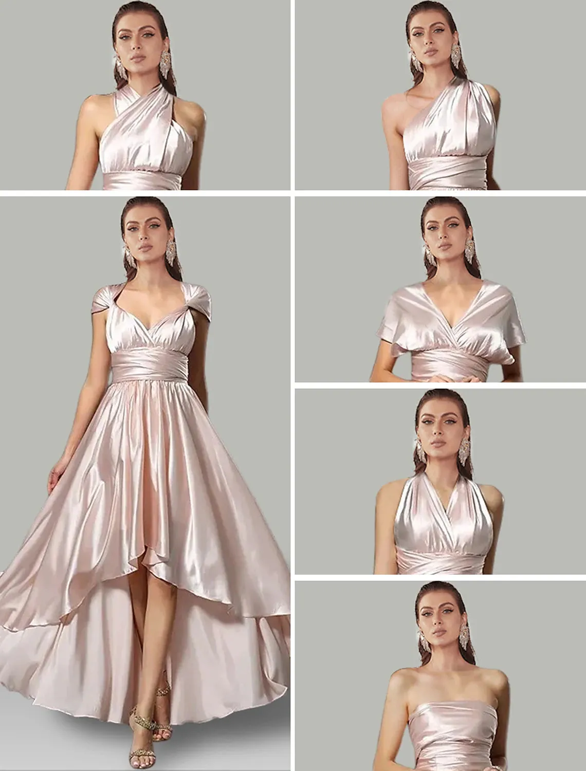 A-Line Wedding Guest Dresses High Low Dress Summer Asymmetrical Sleeveless V Neck Convertible Satin
