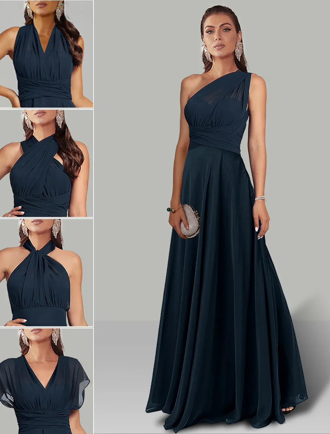A-Line Wedding Guest Dresses Infinity Dress Wedding Party Floor Length Short Sleeve Halter Convertible Chiffon