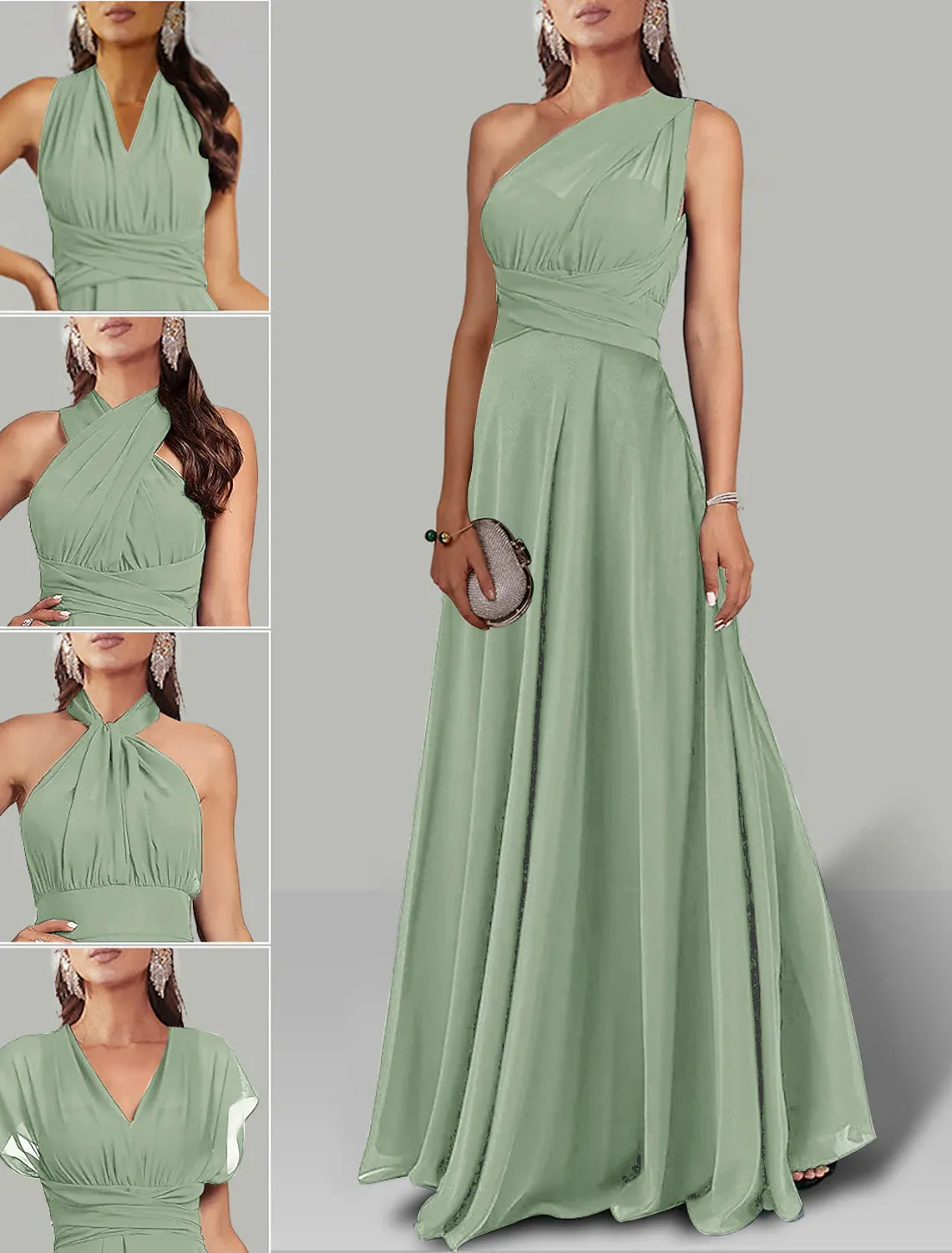 A-Line Wedding Guest Dresses Infinity Dress Wedding Party Floor Length Short Sleeve Halter Convertible Chiffon