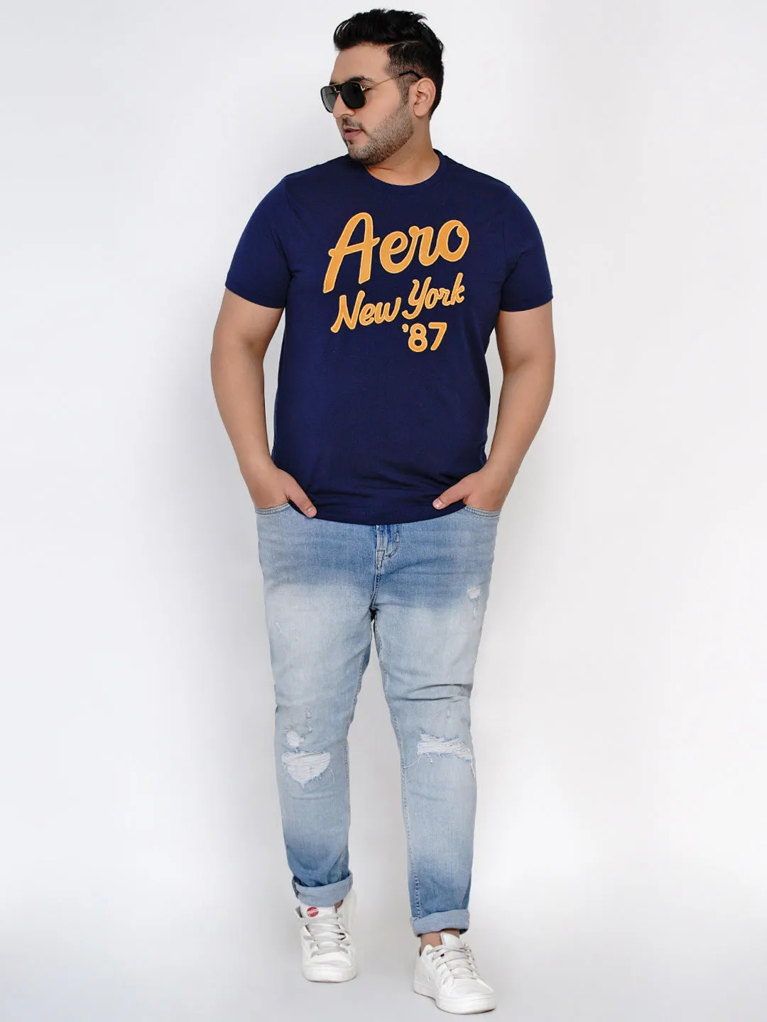Aeropostale - Men Navy Blue Plus Size Regular Fit Pure Cotton Print T-shirts