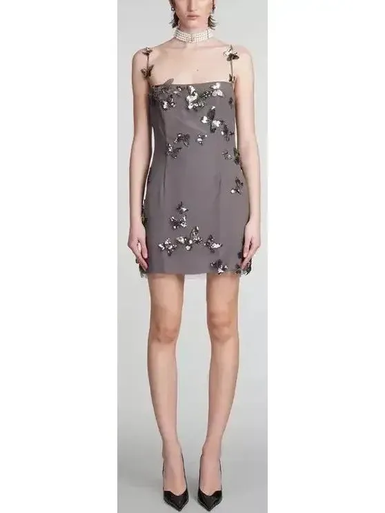Backless Butterfly-Sequin-Applique Mesh-Overlay Mini Dress