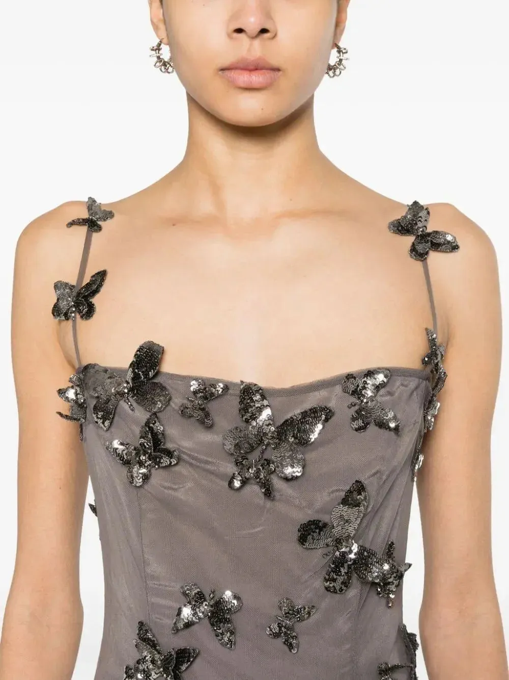 Backless Butterfly-Sequin-Applique Mesh-Overlay Mini Dress