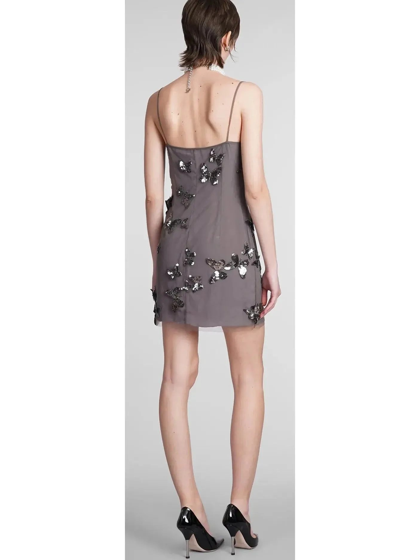 Backless Butterfly-Sequin-Applique Mesh-Overlay Mini Dress
