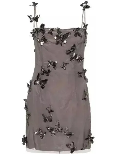 Backless Butterfly-Sequin-Applique Mesh-Overlay Mini Dress