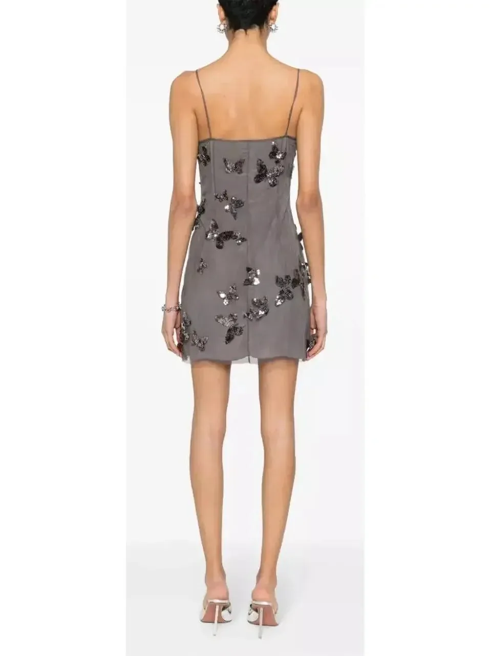 Backless Butterfly-Sequin-Applique Mesh-Overlay Mini Dress