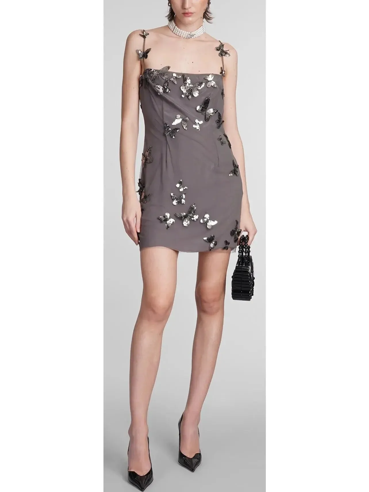 Backless Butterfly-Sequin-Applique Mesh-Overlay Mini Dress