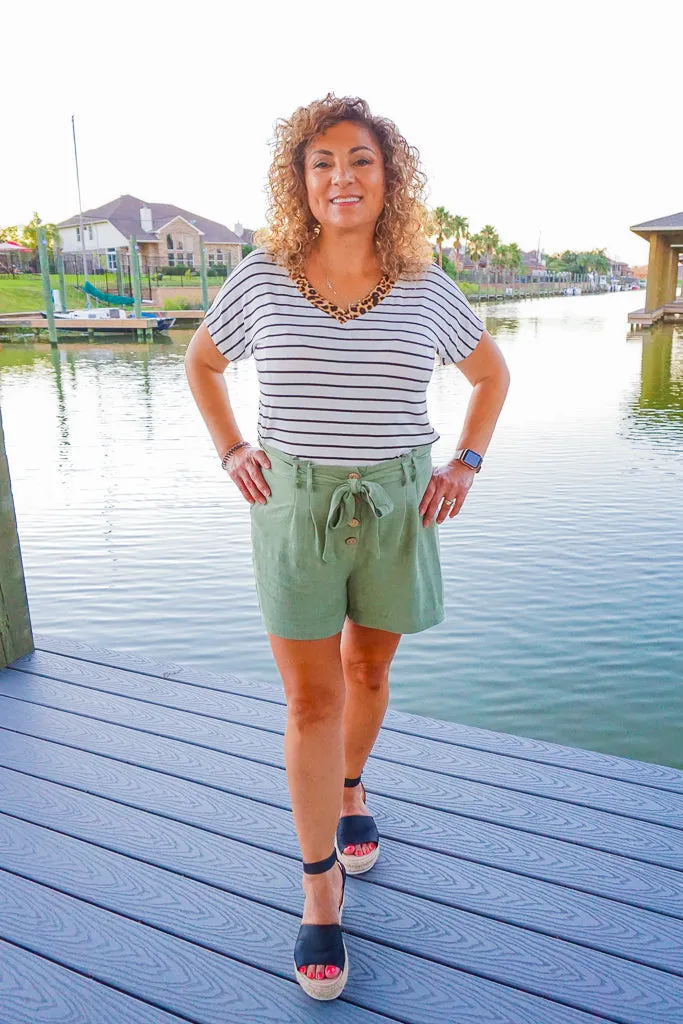 Elena Olive Button Ruffle Waist Linen Shorts