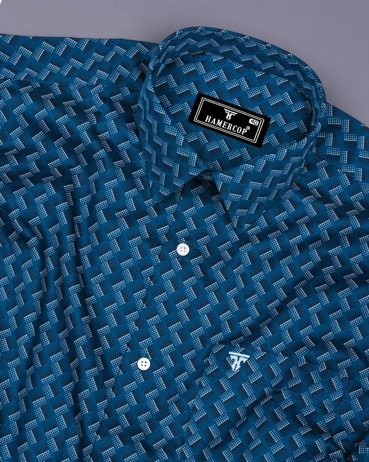 French Blue With White And Black Printed Premium Cotton Shirt