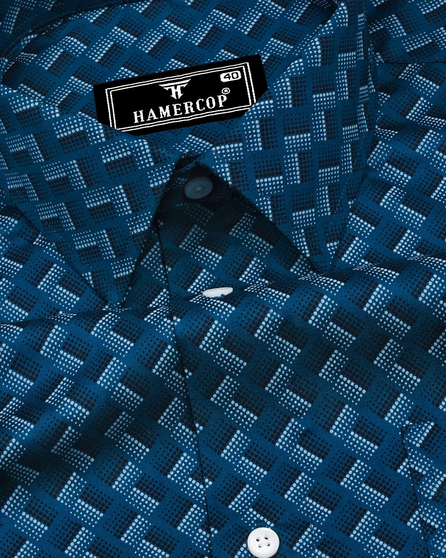 French Blue With White And Black Printed Premium Cotton Shirt