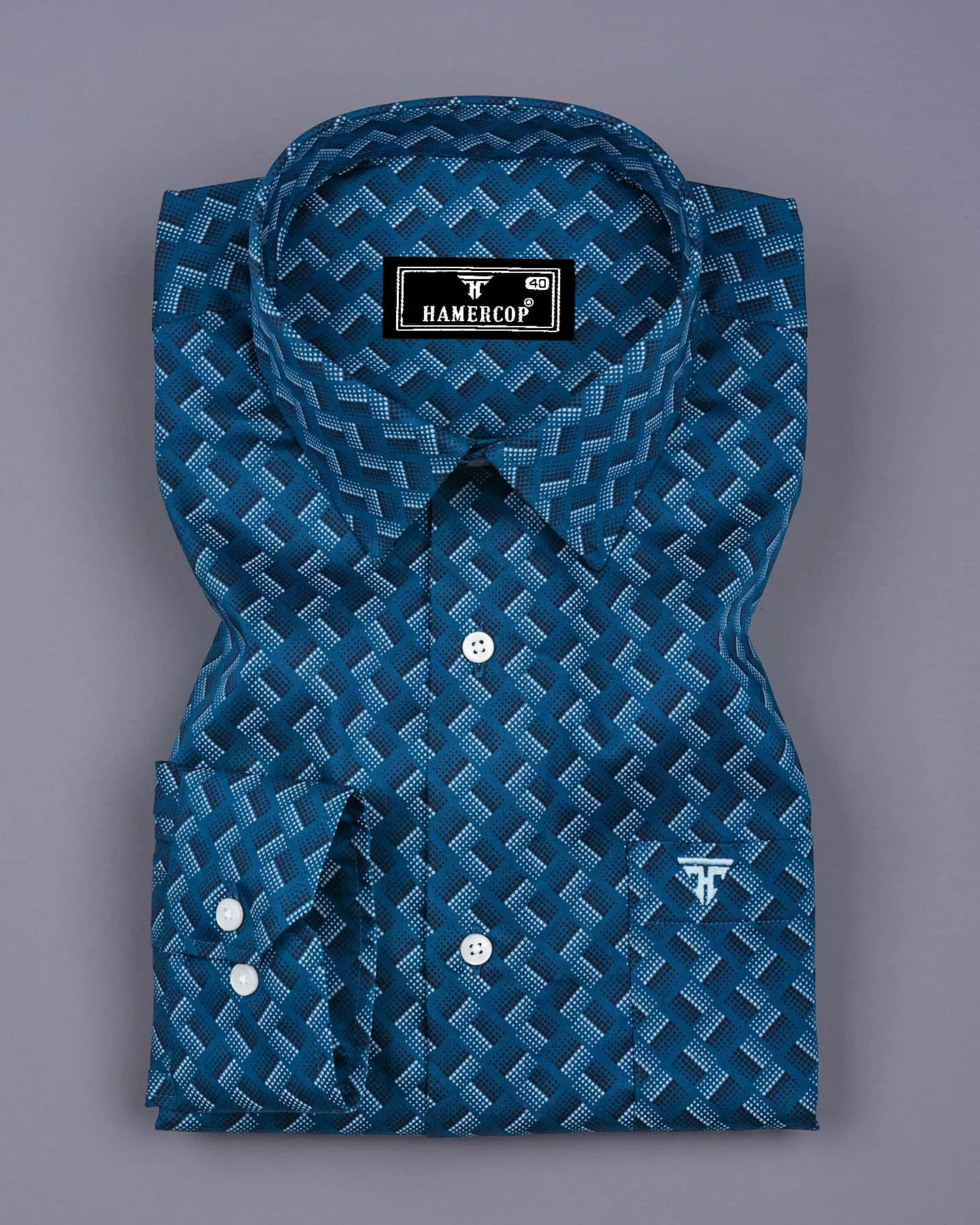 French Blue With White And Black Printed Premium Cotton Shirt