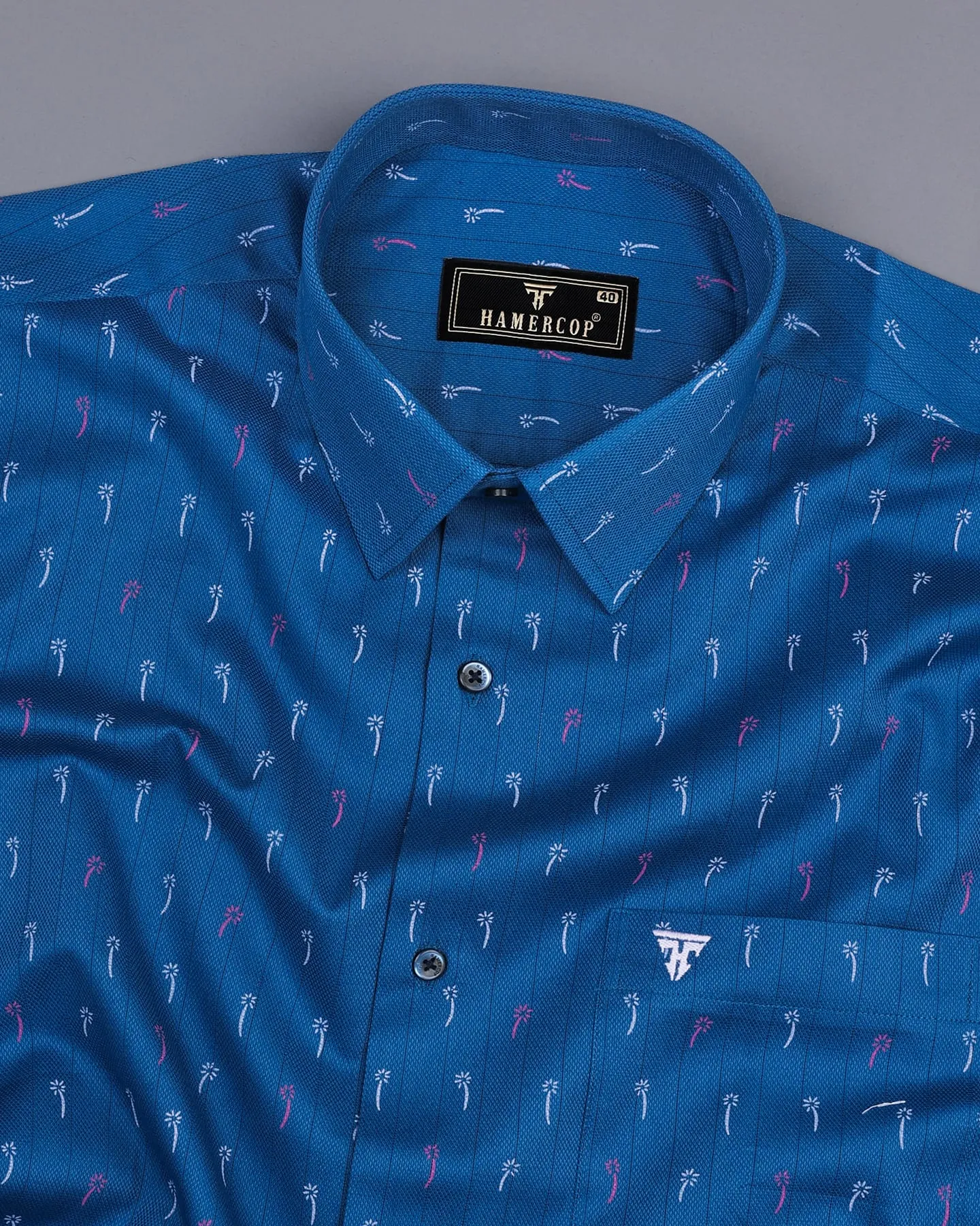 Froyo Blue Flower Printed Self Stripe Dobby Cotton Shirt