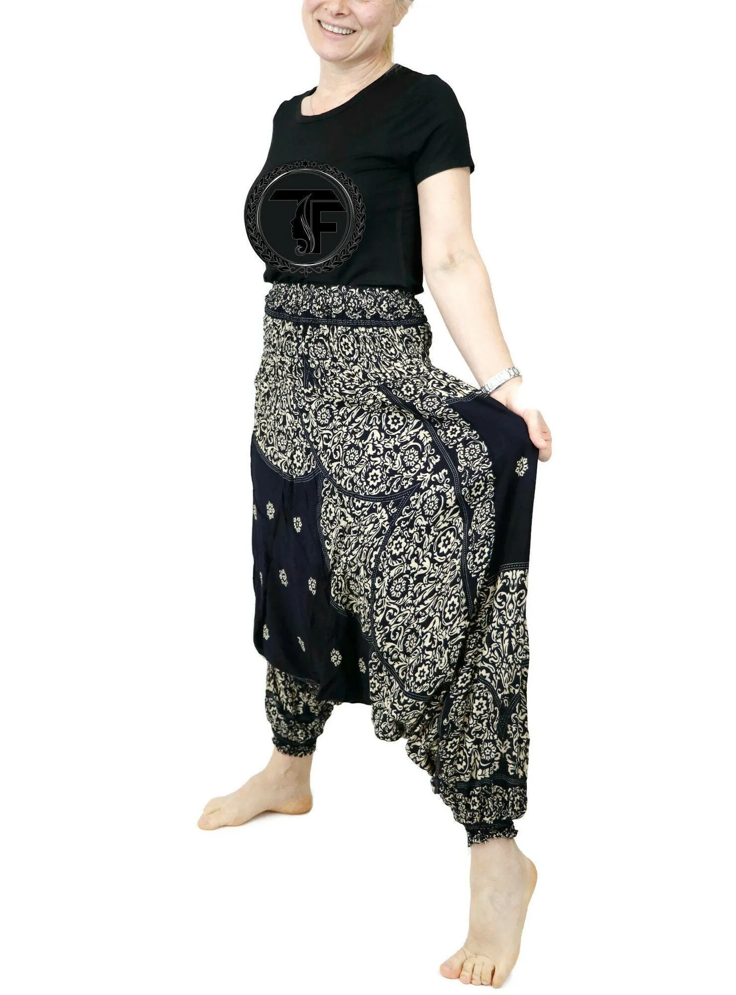 Harem Pants Women Unisex Black Mandala Boho Clothes Aladdin Gypsy Comfy Loungewear Hippie Hippy Loose Yoga Pants Baggy Festival  Drop Crotch