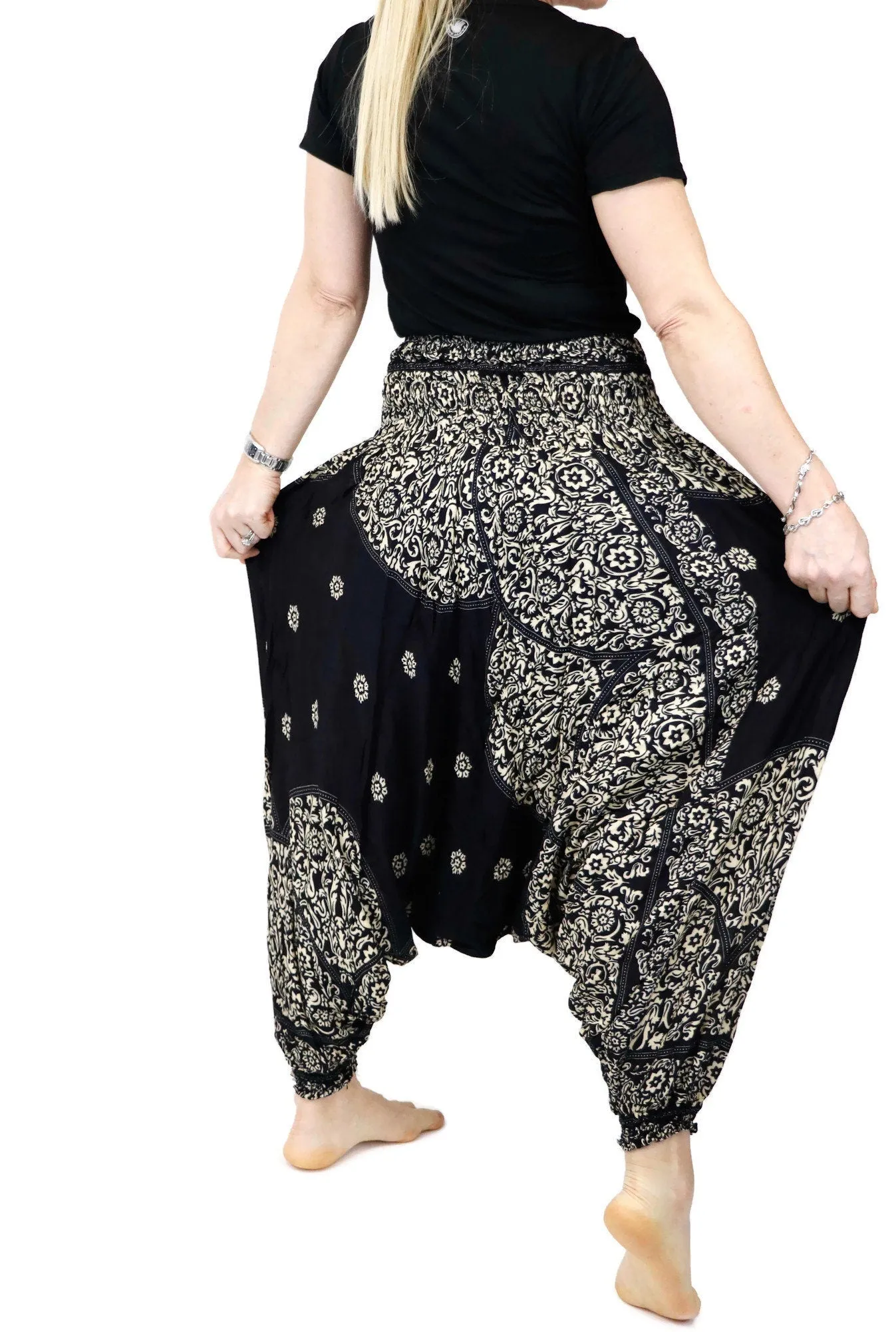 Harem Pants Women Unisex Black Mandala Boho Clothes Aladdin Gypsy Comfy Loungewear Hippie Hippy Loose Yoga Pants Baggy Festival  Drop Crotch