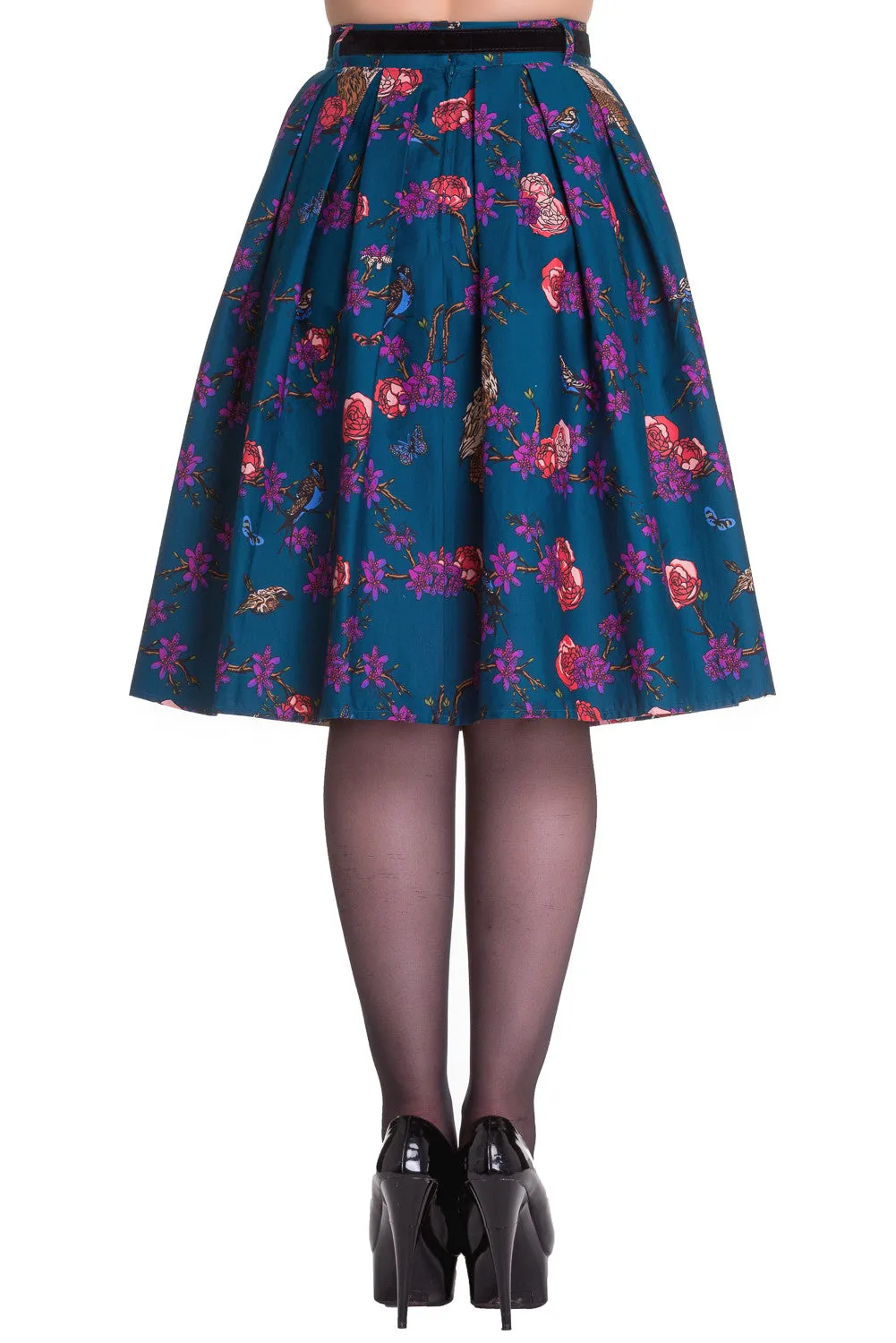 Hell Bunny Wonderland Forest & Birds Print Midnight Blue Pleated Skirt