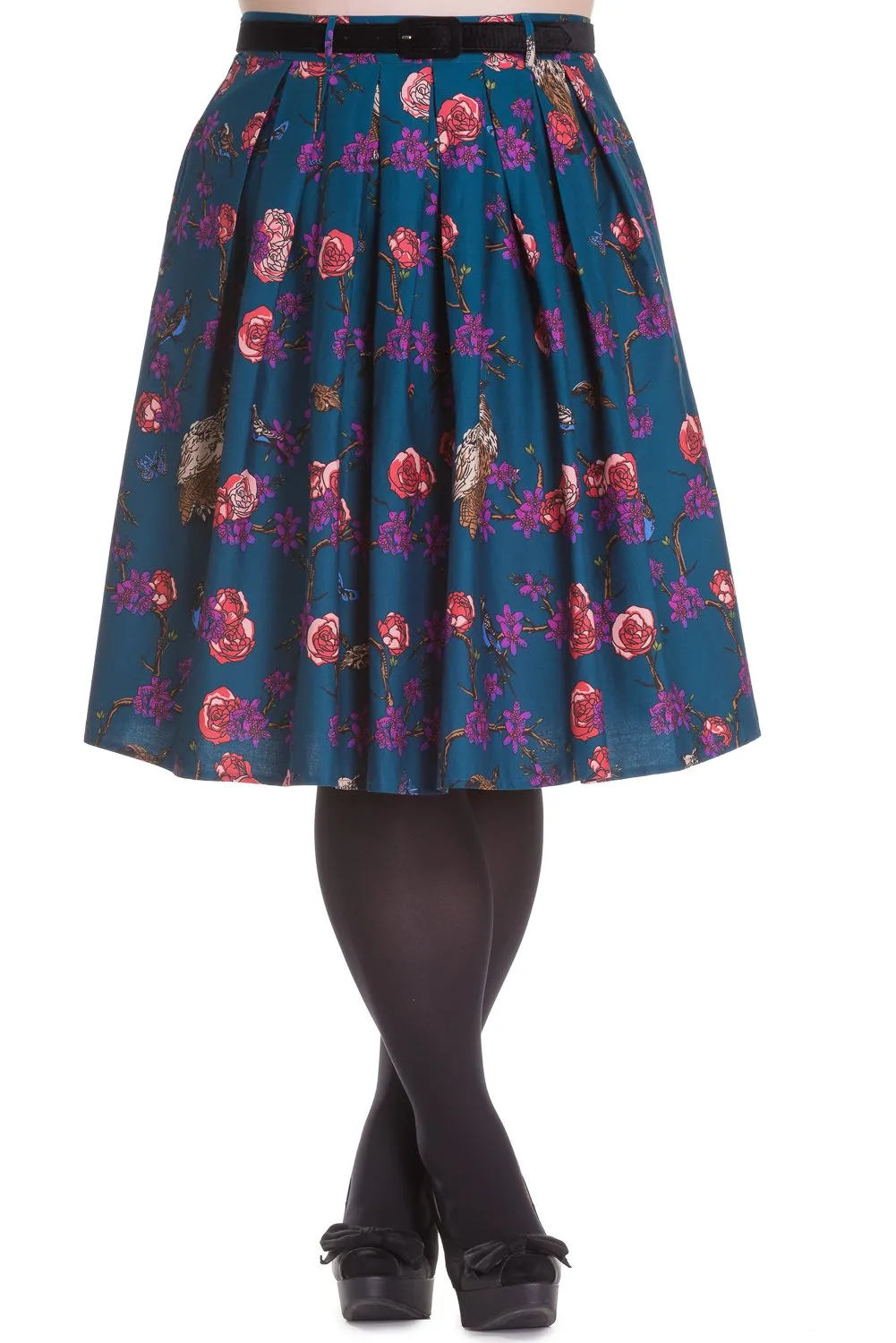 Hell Bunny Wonderland Forest & Birds Print Midnight Blue Pleated Skirt