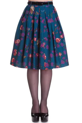 Hell Bunny Wonderland Forest & Birds Print Midnight Blue Pleated Skirt