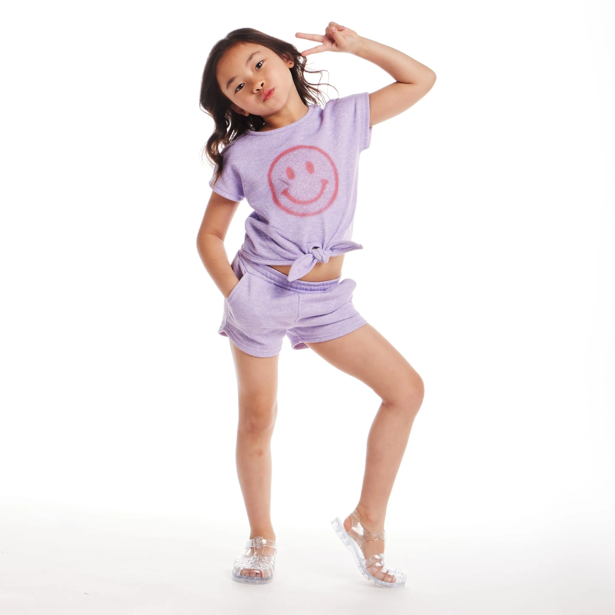 Kids (2-6) Girls Tie-Front Top & Short Set | Purple Smiley Face