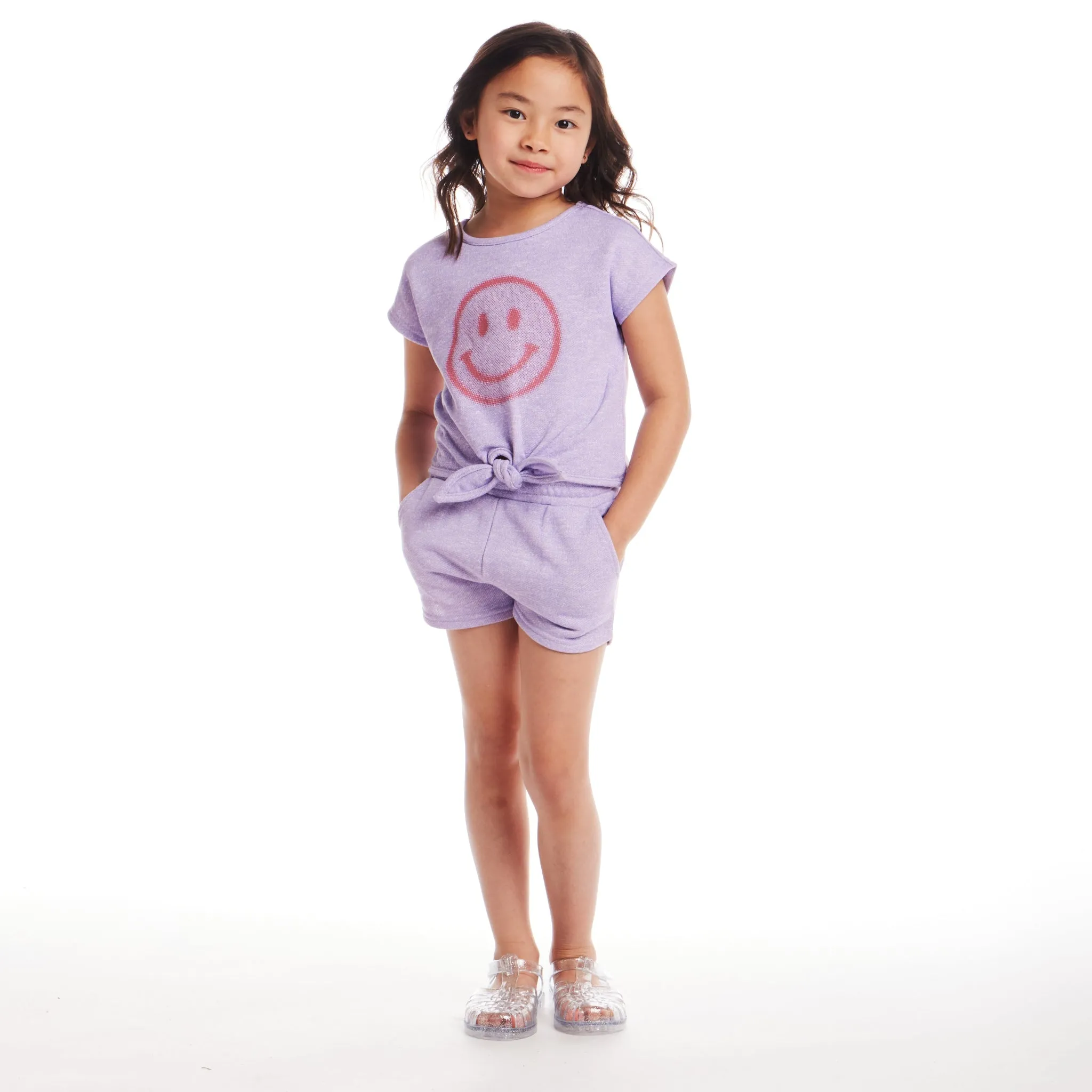Kids (2-6) Girls Tie-Front Top & Short Set | Purple Smiley Face