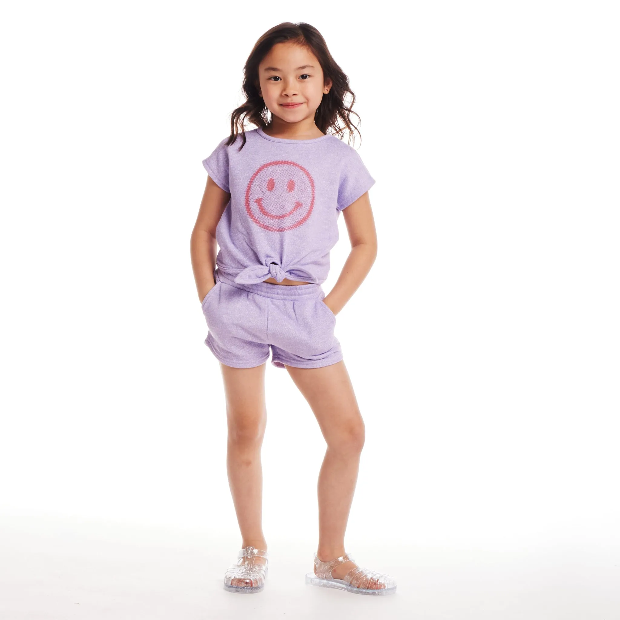 Kids (2-6) Girls Tie-Front Top & Short Set | Purple Smiley Face