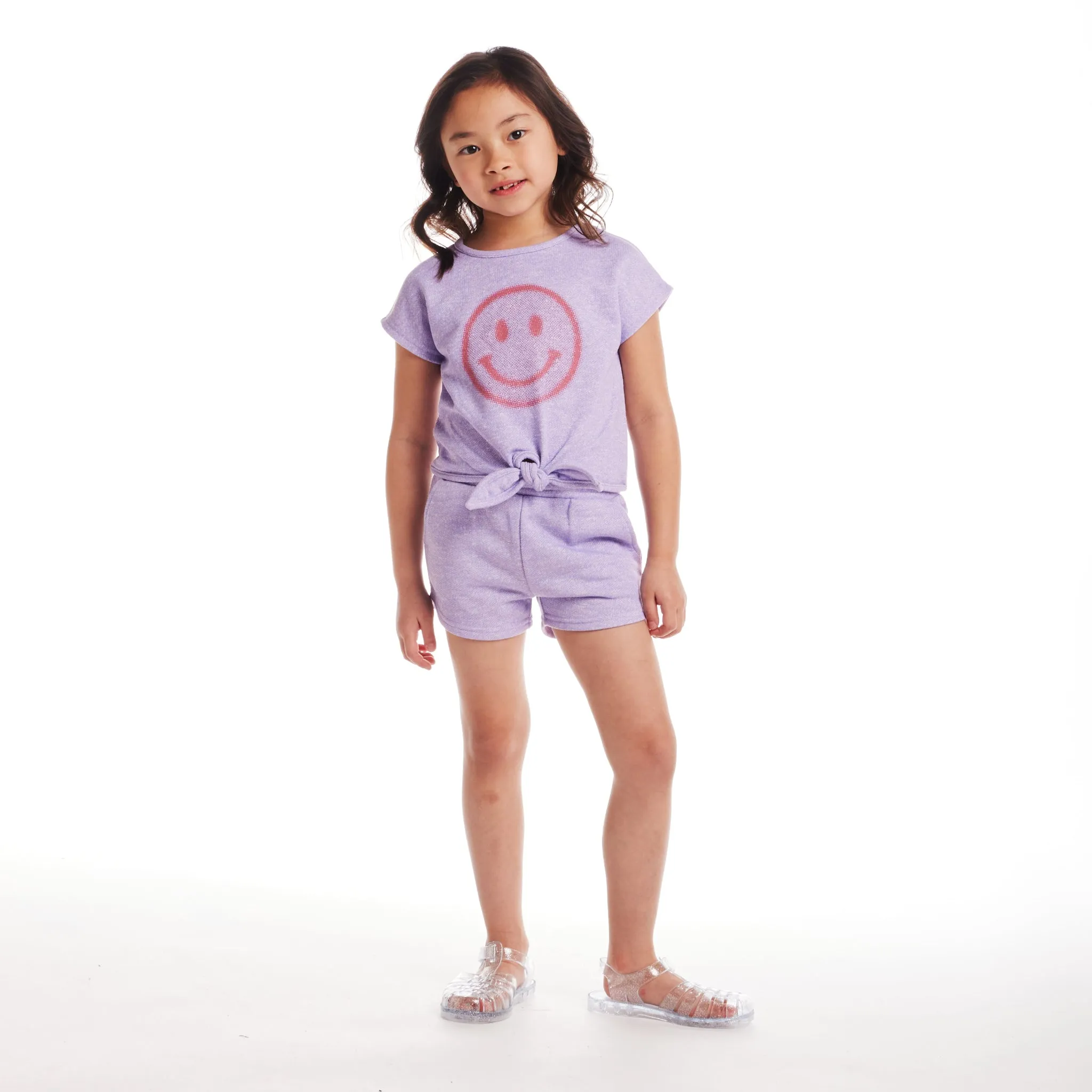 Kids (2-6) Girls Tie-Front Top & Short Set | Purple Smiley Face