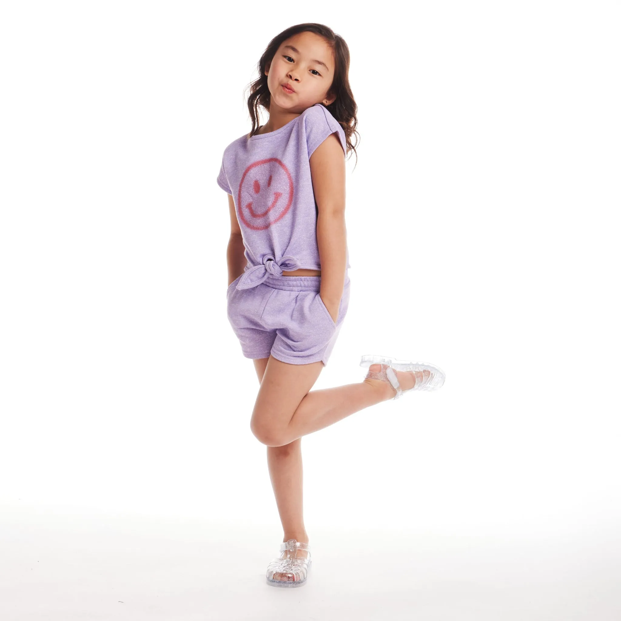 Kids (2-6) Girls Tie-Front Top & Short Set | Purple Smiley Face