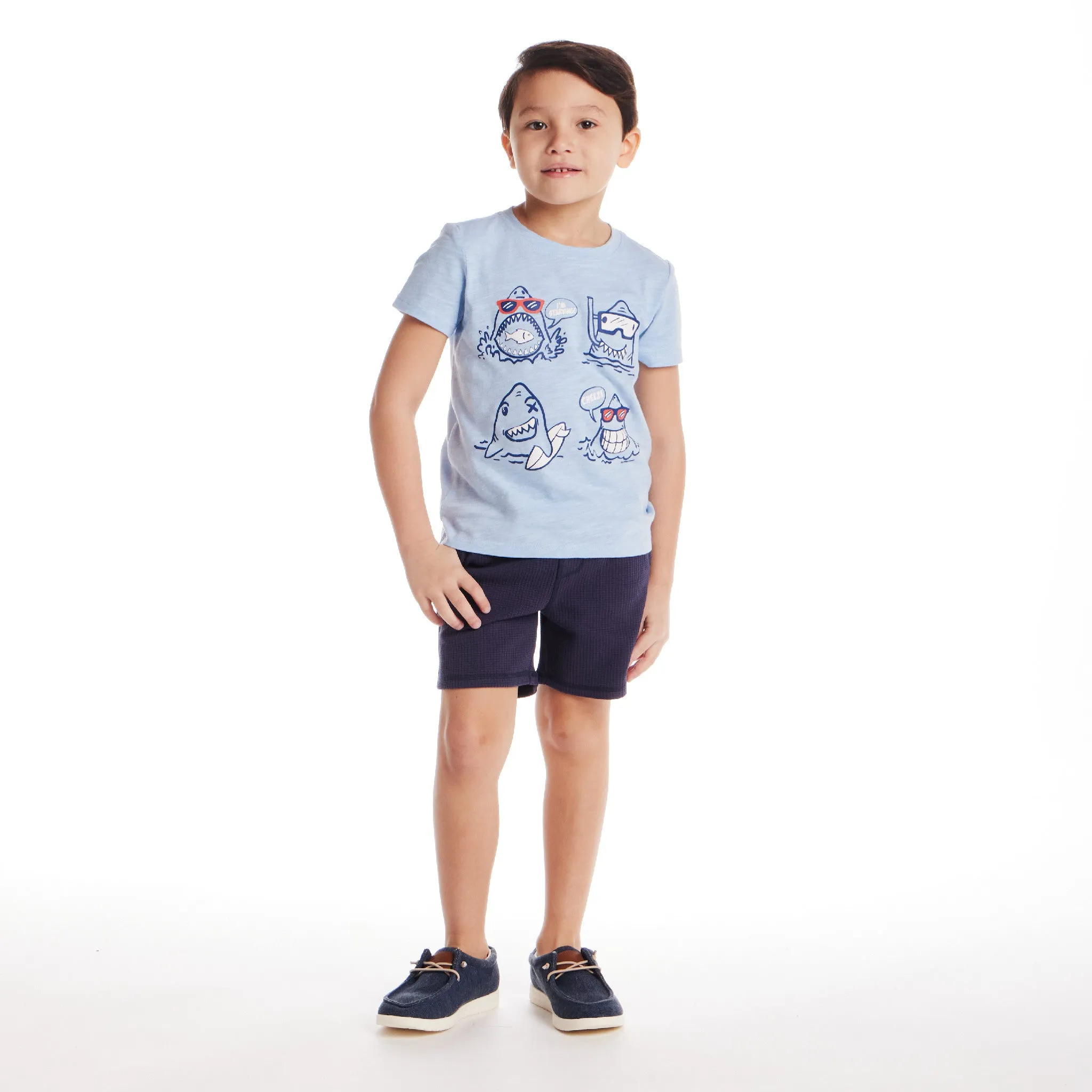 Kids (2-7) Graphic Tee & Navy Quilted Short Set | Shark Characters