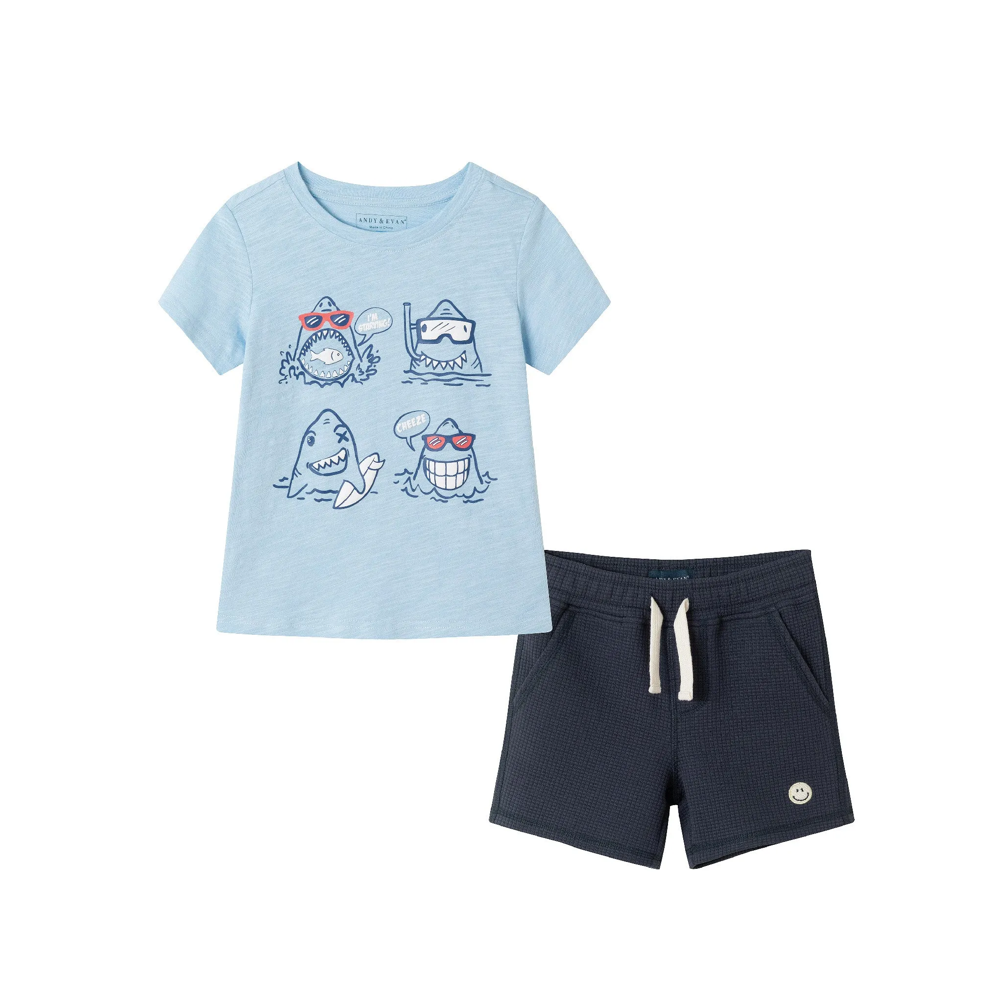Kids (2-7) Graphic Tee & Navy Quilted Short Set | Shark Characters