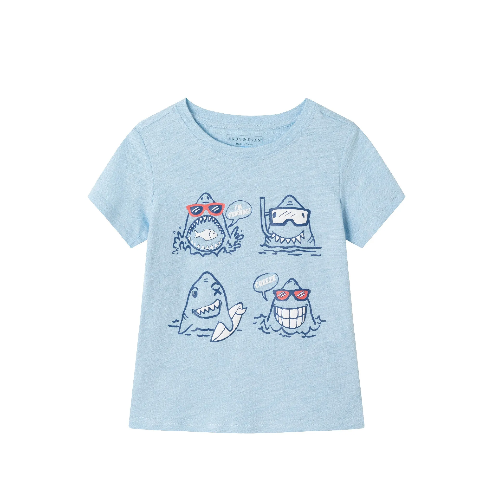 Kids (2-7) Graphic Tee & Navy Quilted Short Set | Shark Characters