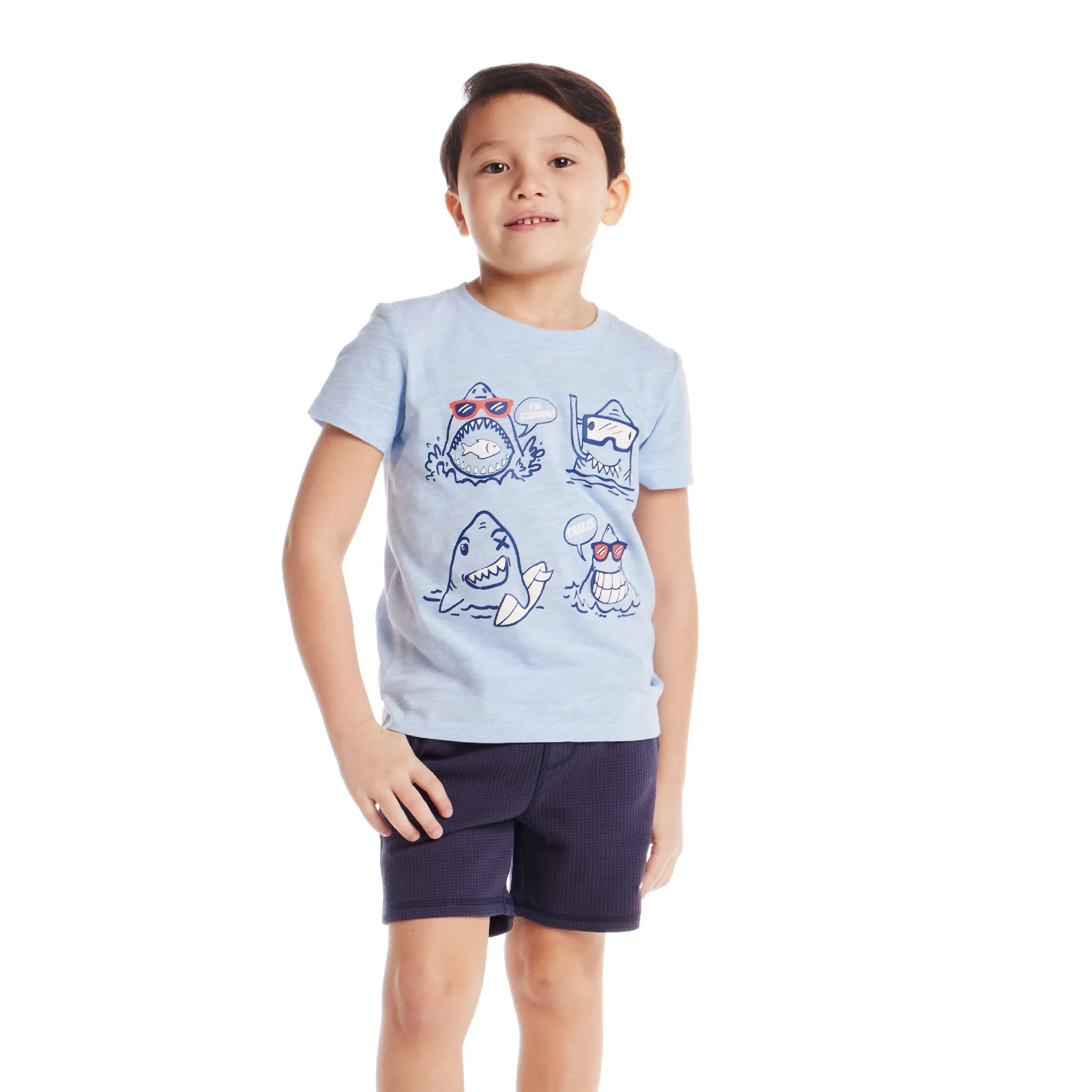 Kids (2-7) Graphic Tee & Navy Quilted Short Set | Shark Characters