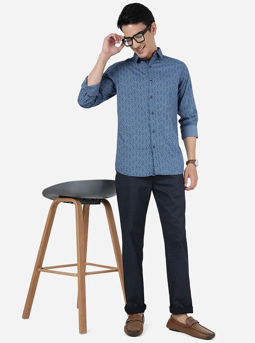 Light Navy Blue Printed Slim Fit Casual Shirt | JadeBlue