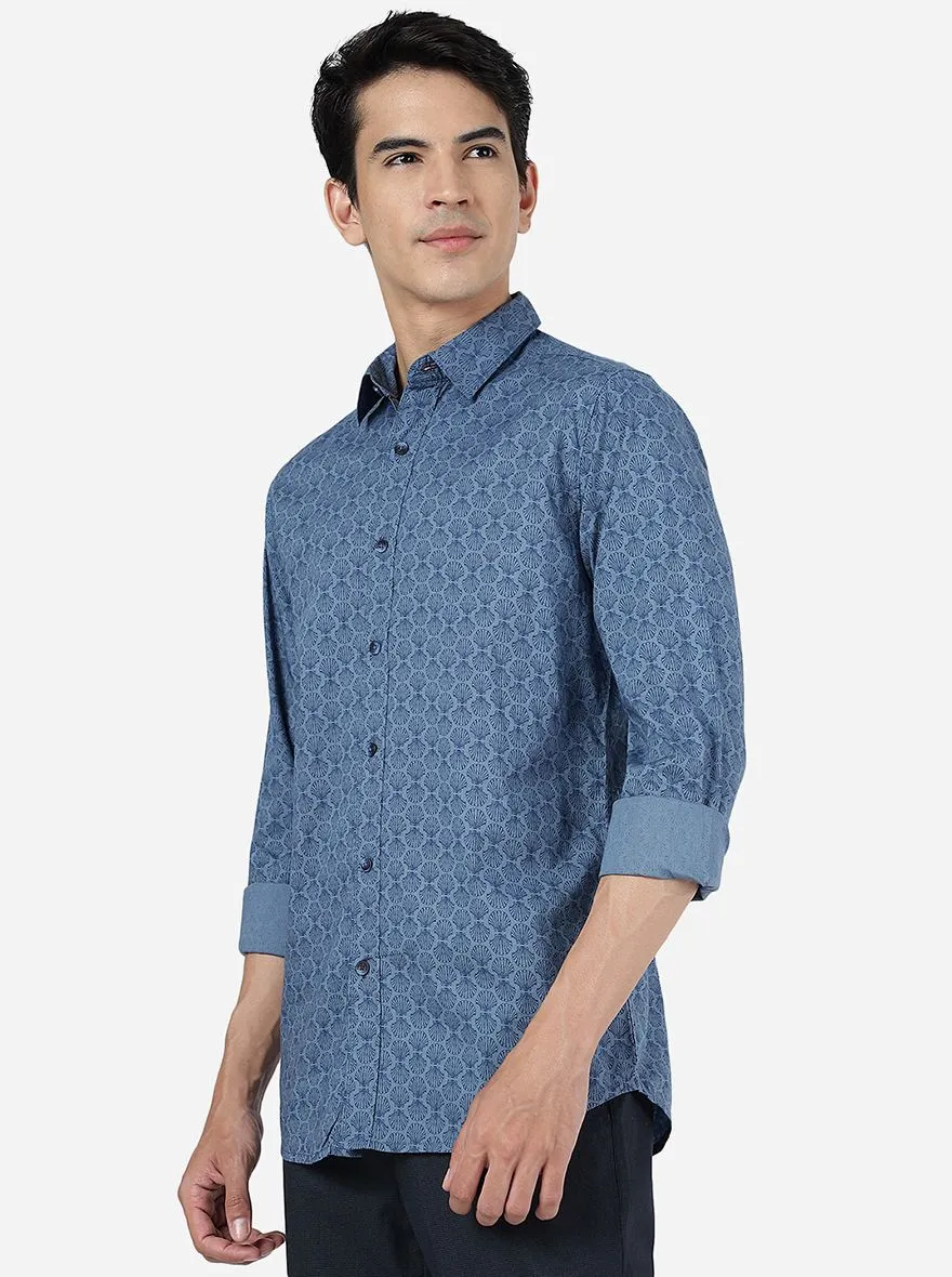 Light Navy Blue Printed Slim Fit Casual Shirt | JadeBlue