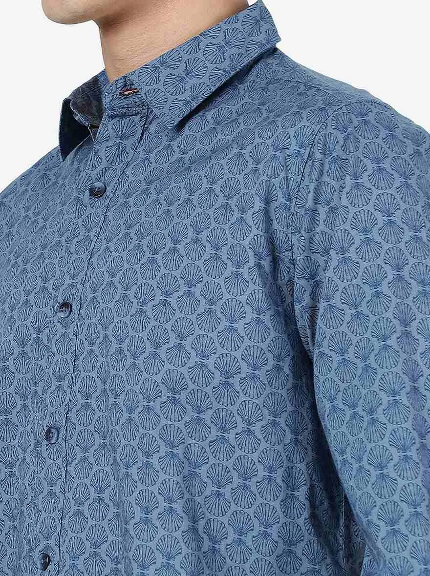 Light Navy Blue Printed Slim Fit Casual Shirt | JadeBlue