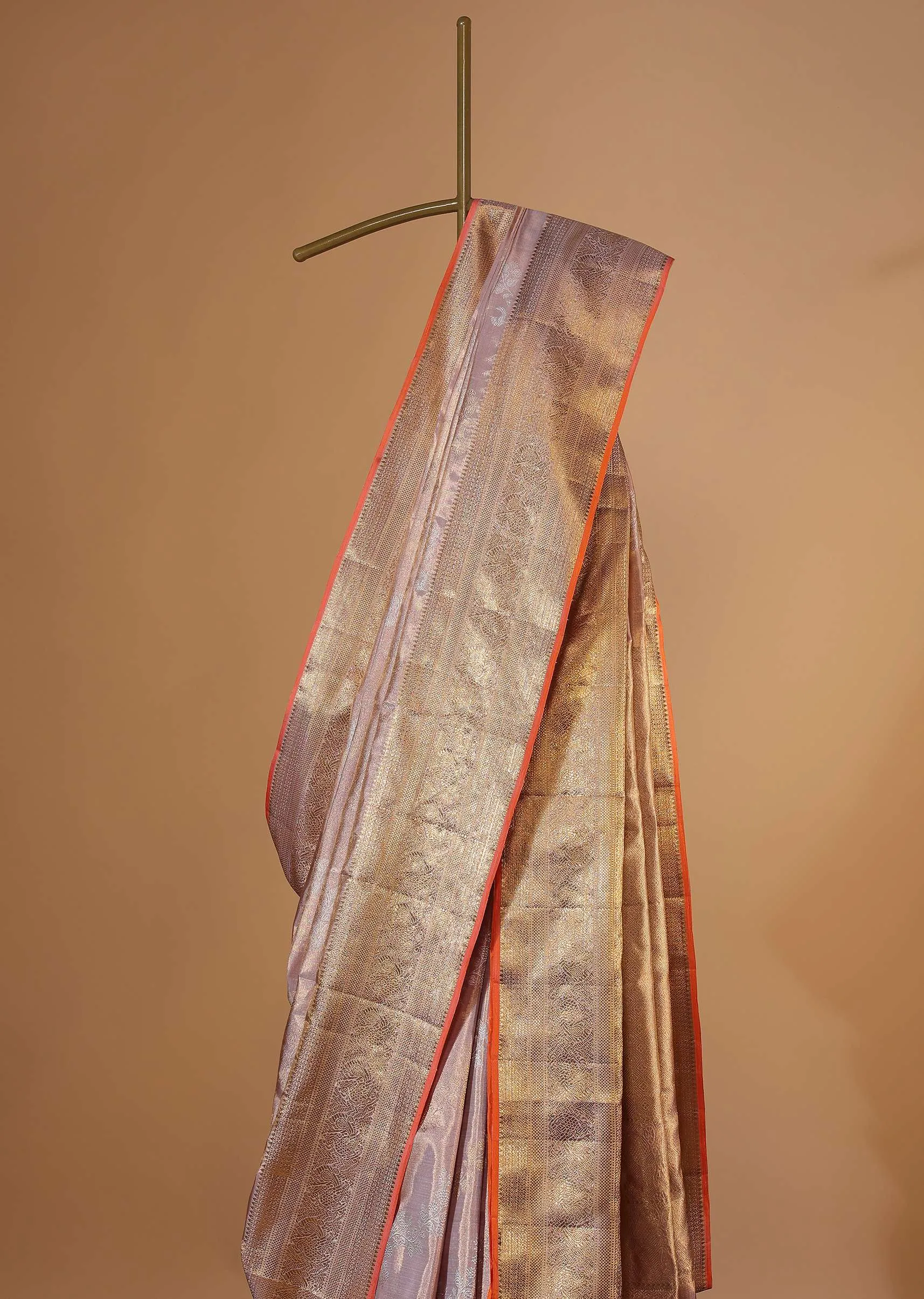 Lilac Purple Kanjivaram Saree In Pure Tissue Silk With 14gm Real Zari Weave And Unstitched Blouse