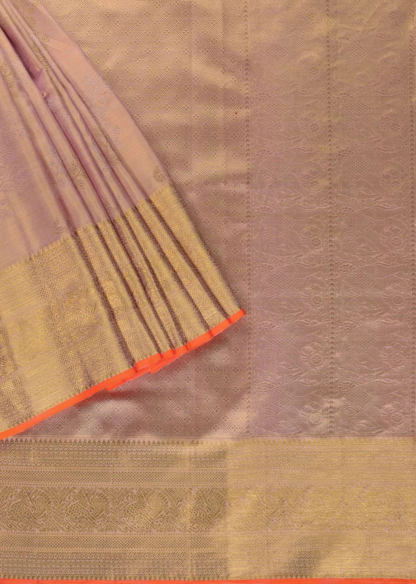 Lilac Purple Kanjivaram Saree In Pure Tissue Silk With 14gm Real Zari Weave And Unstitched Blouse