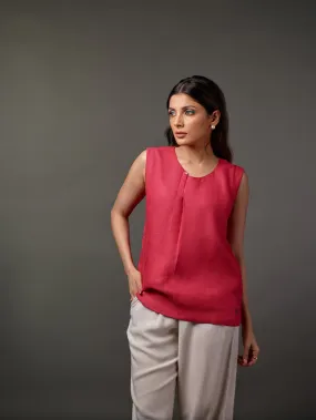 Linen Printed Sleeveless Pleated Top