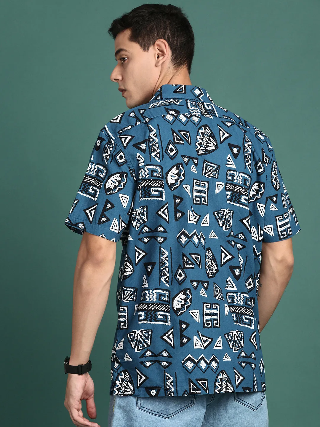 Men Cuban Collar Geometric Blue Relaxed Fit Shirt