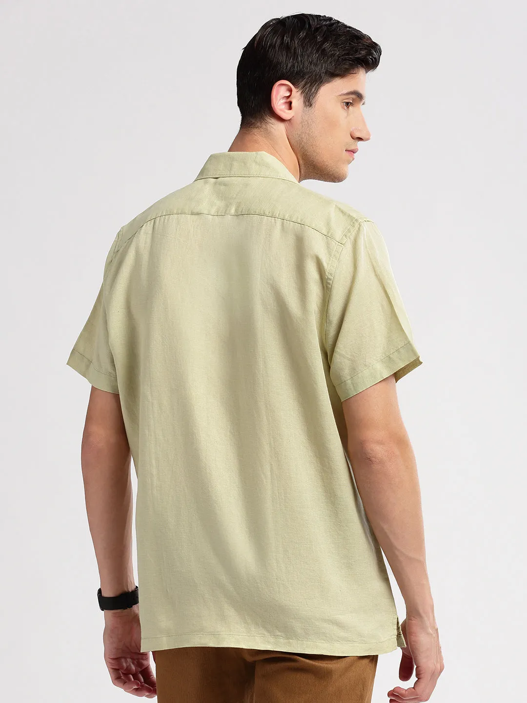 Men Cuban Collar Solid Green Casual Shirt