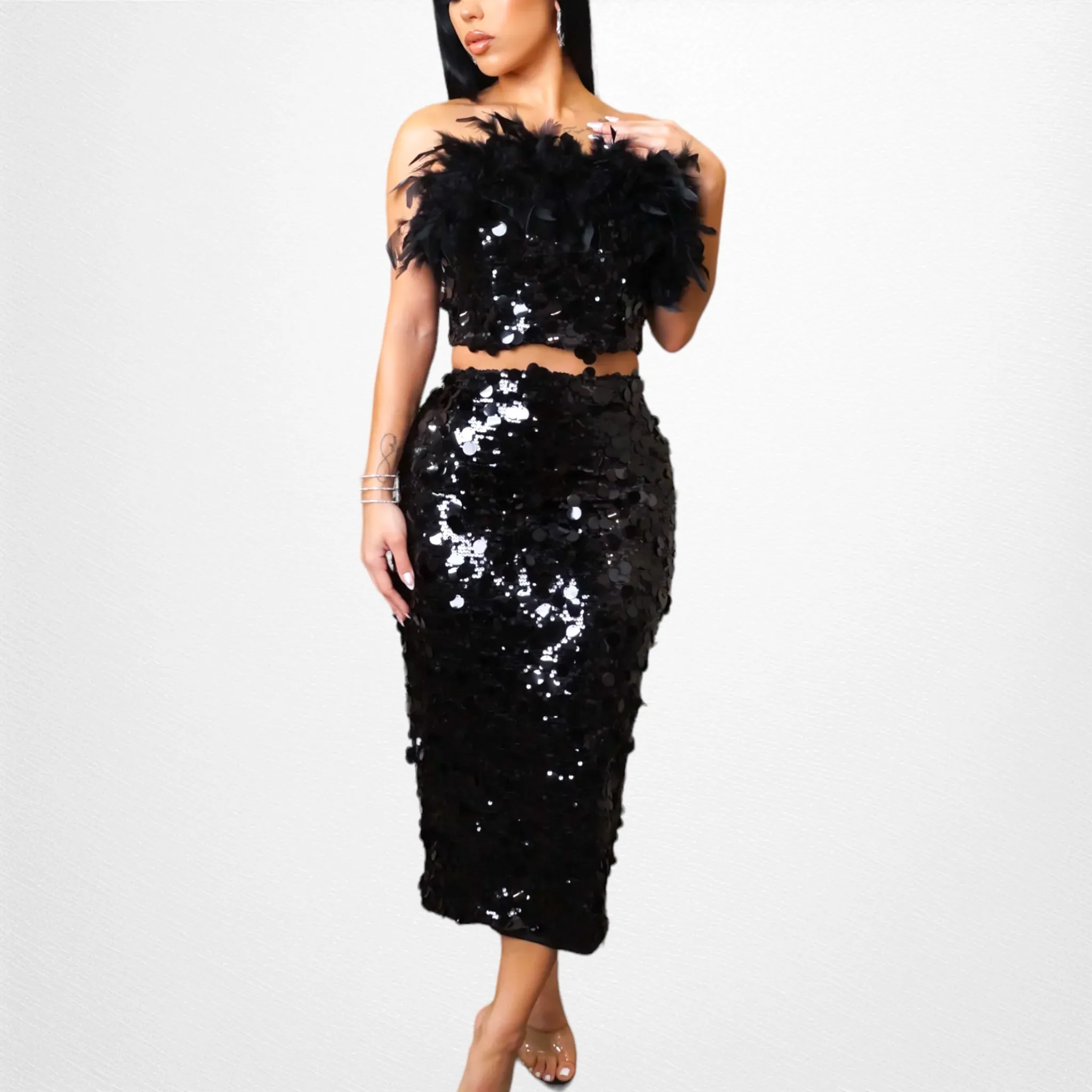 Monaco Sequin Skirt and Feather Top Set