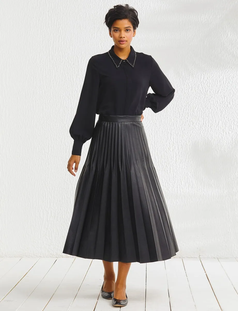 Pleated Leather Skirt Black