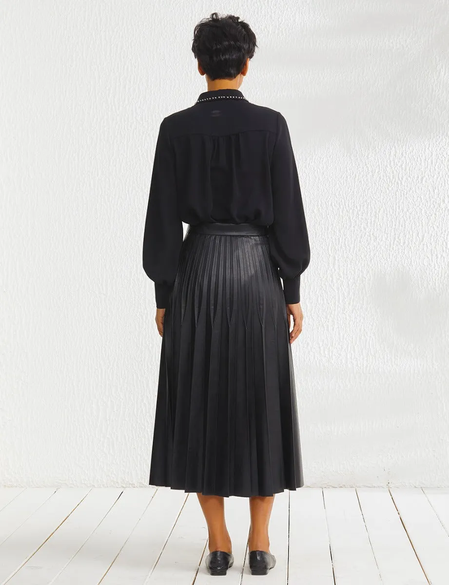 Pleated Leather Skirt Black
