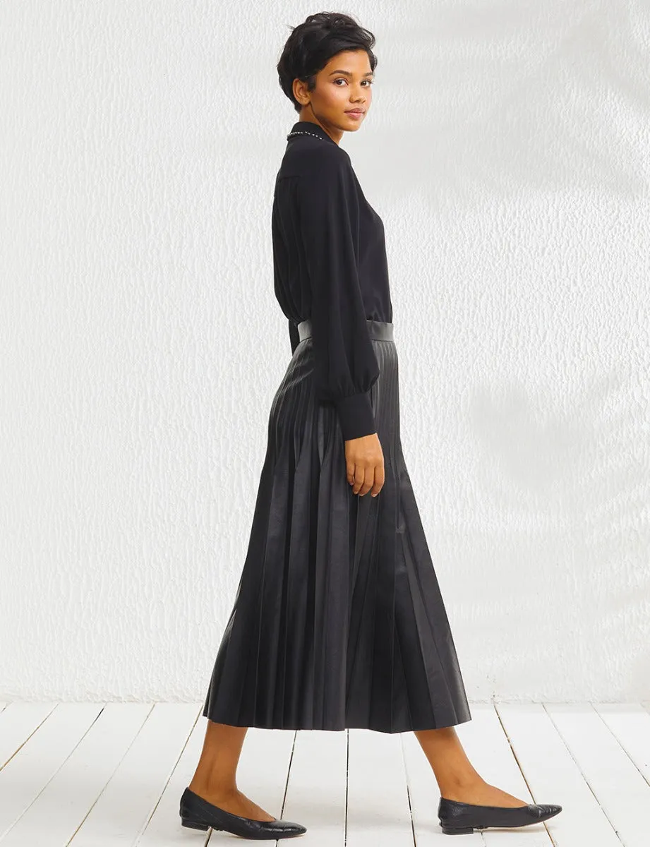 Pleated Leather Skirt Black